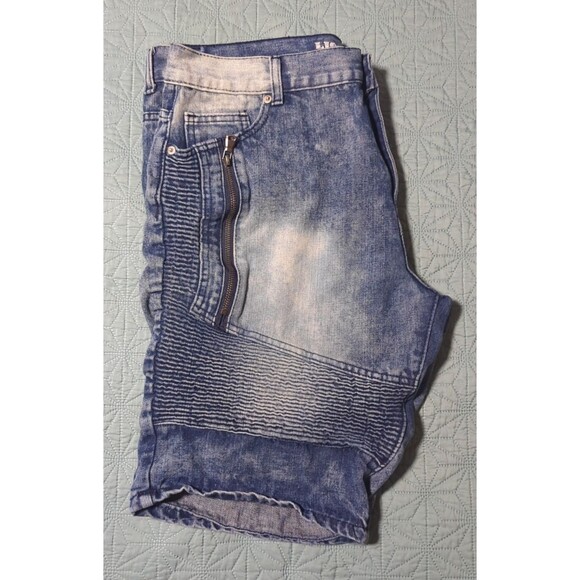Lion Dynasty Mens 38 Slim Acid Wash Blue Jean Shorts 5 Pockets Moto Biker Ribbed - Picture 4 of 10
